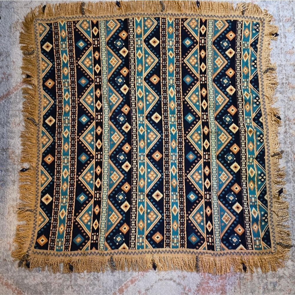 Vintage Woven Tapestry Throw Blanket Geometric Aztec Style Fringe 44"x46" Gold